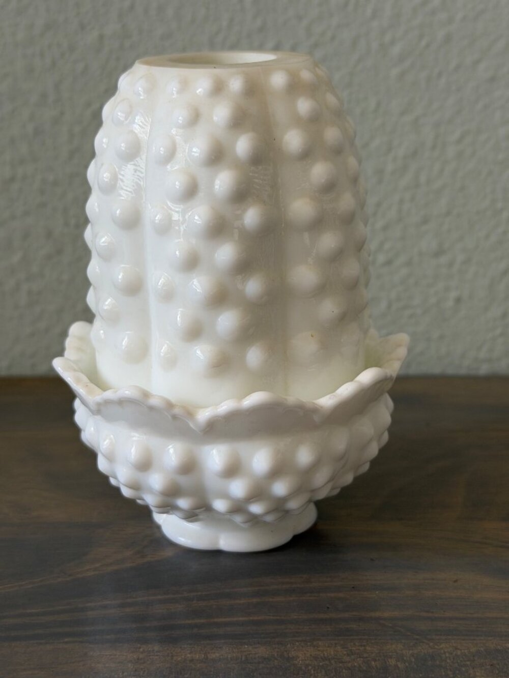 Vintage Fenton White Hobnail Milk Glass Fairy Lamp 2 Piece Set Stamped 5"